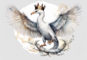 a watercolor of a white bird-serpent hybrid wearing an iron crown, flying in the sky tattoo idea