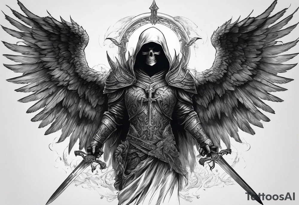 realistic full body of angel of death, no face, face is not visible, with wings holding only one sword in both hands, the edge of the sword is killing the skull tattoo idea