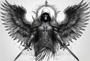 realistic full body of angel of death, no face, face is not visible, with wings holding only one sword in both hands, the edge of the sword is killing the skull tattoo idea