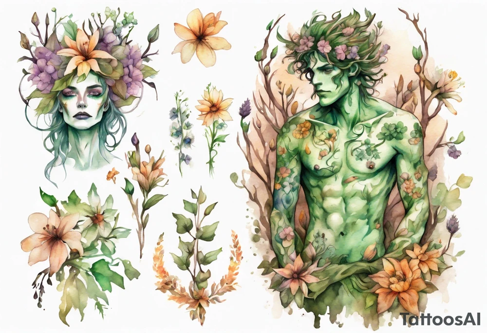 a male dryad covered in flowers tattoo idea