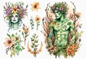 a male dryad covered in flowers tattoo idea