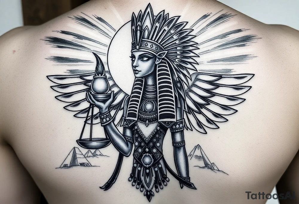“Super realistic black and grey tattoo of the Egyptian goddess Ma’at, depicted as a regal woman with an ostrich feather headdress, intense glowing eyes, and intricate ancient Egyptian jewelry. She stands or floats amidst swirling cosmic energy and beams of light, with subtle hieroglyphics and pyramids in the background. Incorporate the Scales of Justice—one side holding a heart, the other Ma’at’s feather—glowing with ethereal energy. Emphasize dramatic lighting, deep shadows, and surreal, mystical atmosphere to match a sleeve with Anubis and cosmic motifs. Design should flow with existing sleeve art, using soft transitions and layered textures. tattoo idea
