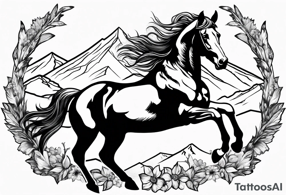 bucking horse, mountains background, feather, flowers, western tattoo idea