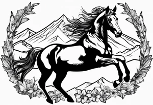 bucking horse, mountains background, feather, flowers, western tattoo idea