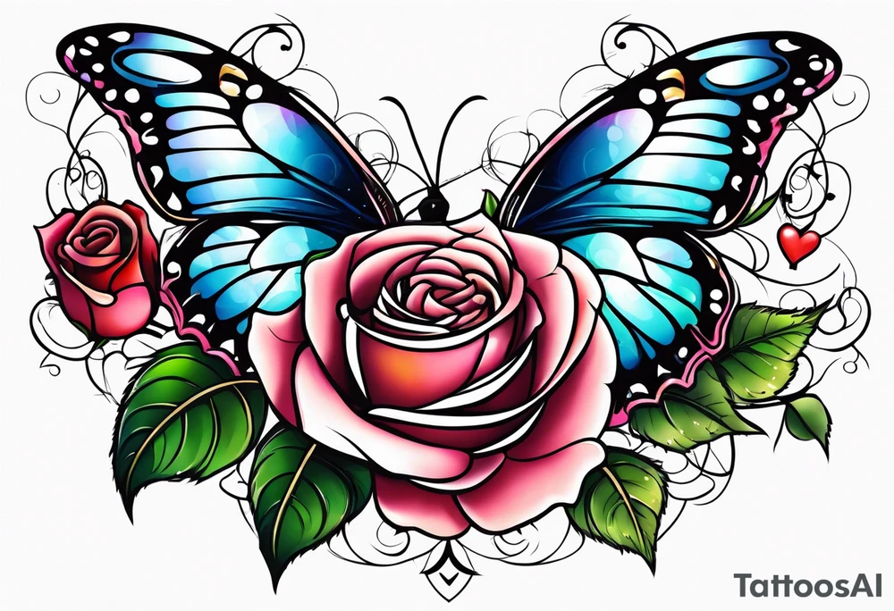 Roses with butterflies and hearts tattoo idea