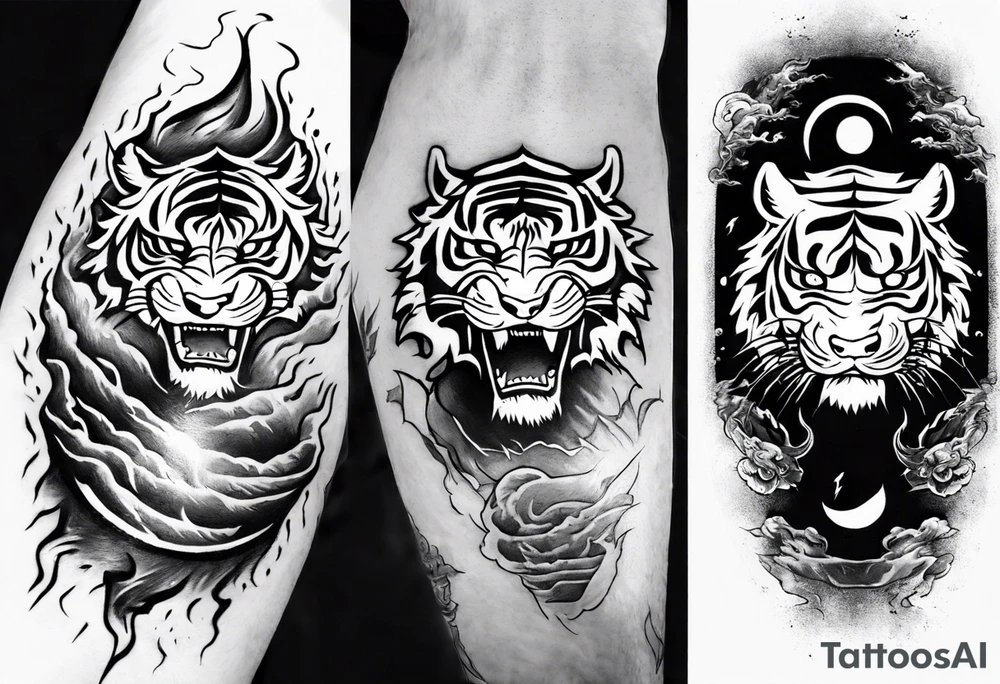 tiger warrior with lightning and the sun for a forearm sleeve tattoo idea