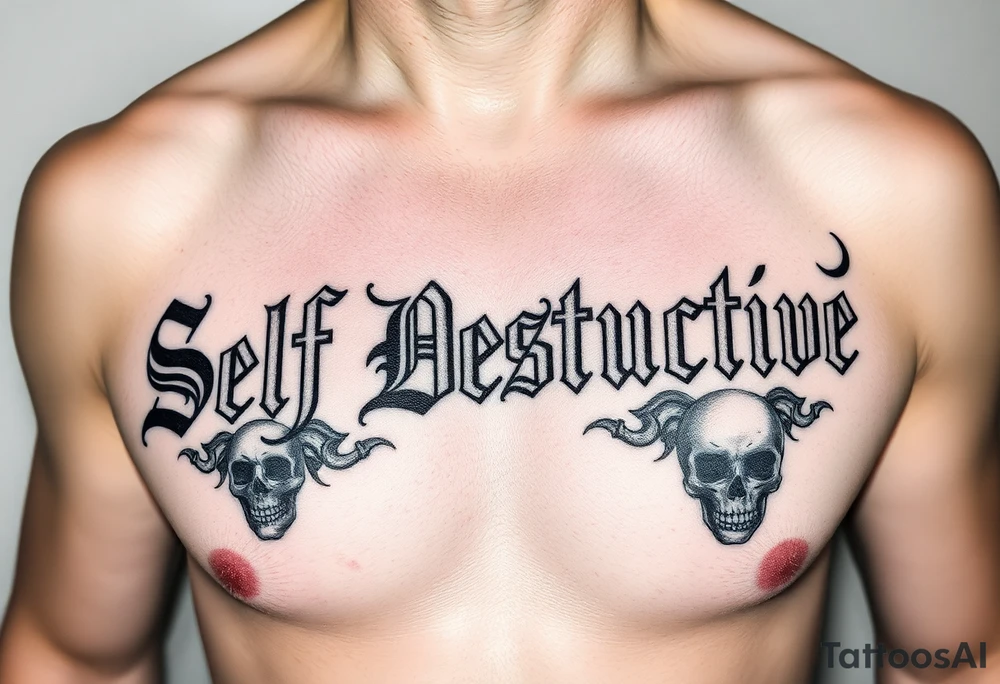 An outline of The words “Self Destructive” in a Chicano/Old English Font across the chest, with lots of shading behind the words and some skulls tattoo idea