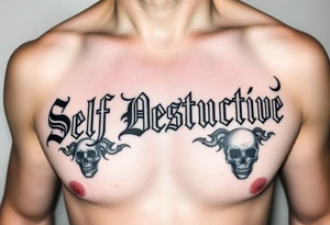 An outline of The words “Self Destructive” in a Chicano/Old English Font across the chest, with lots of shading behind the words and some skulls tattoo idea