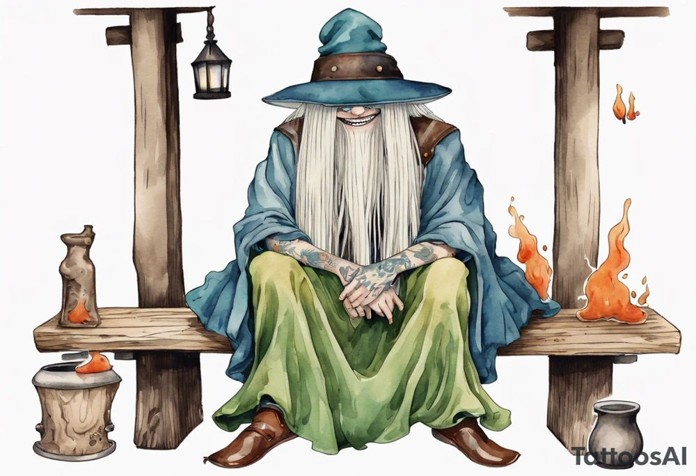 cousin it wearing a mushroom hat and medieval tunic sitting on a bench by a fireplace drinking from a wood cup, laughing tattoo idea