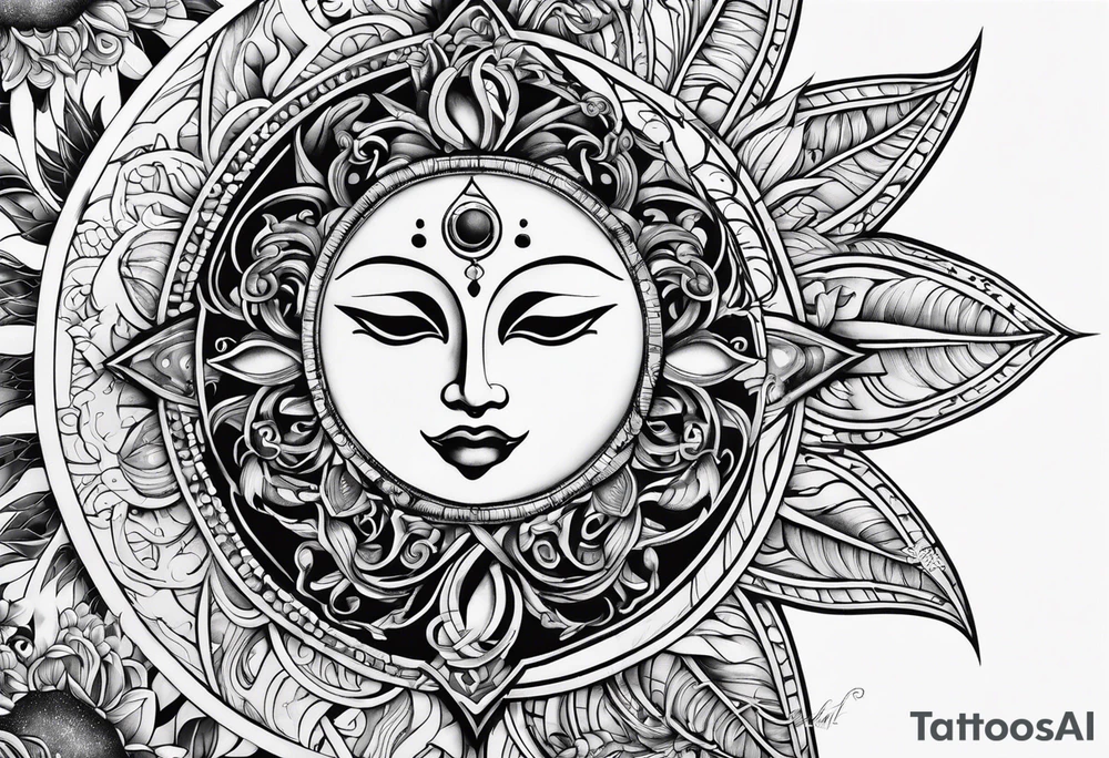Sun and moon sternum swirls tattoo idea