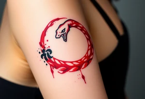 An ink-splattered Ouroboros snake forming cyrcle, appearing as if it was painted in bold brush strokes of deep red and black, symbolizing artistic chaos and creation. tattoo idea