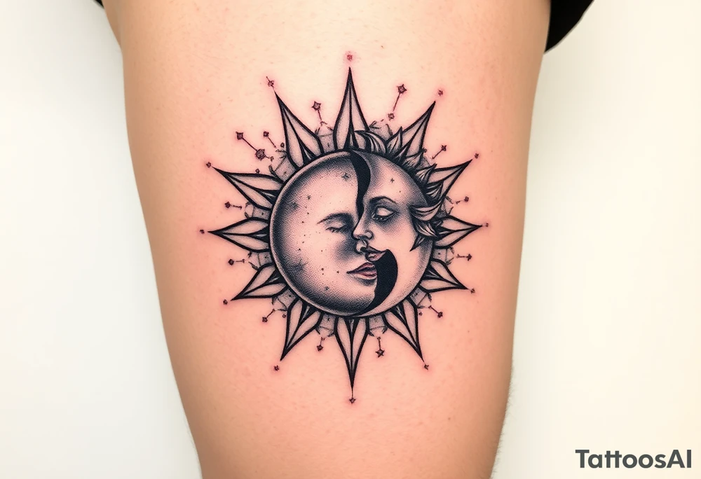 celestial sun and moon embrace with constellation patterns tattoo idea