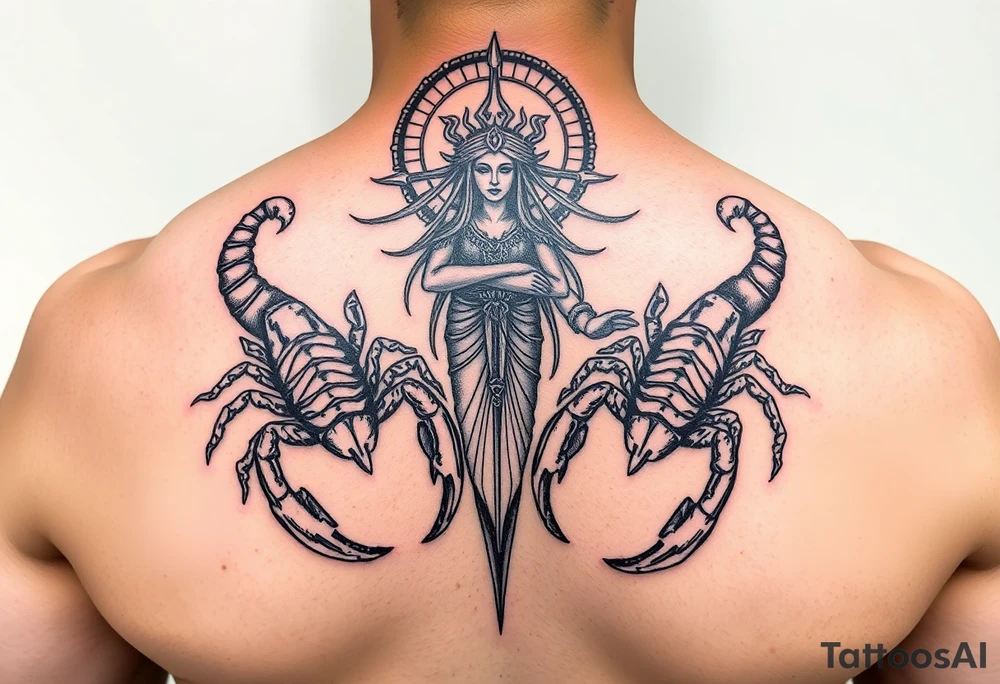 powerful majestic scorpions next to the figure of Themis tattoo idea
