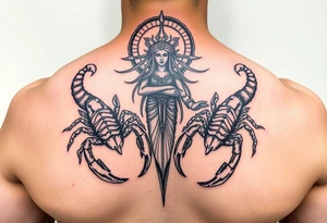 powerful majestic scorpions next to the figure of Themis tattoo idea