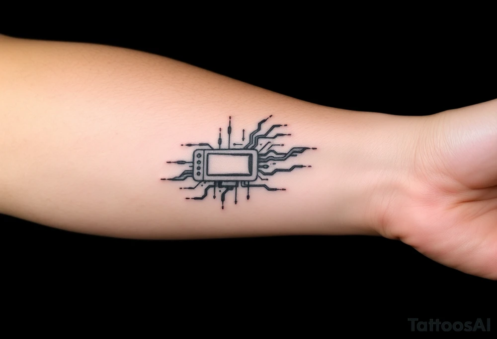 Tattoo for the top side of the forearm, black and gray, flash, hacker computer tech tattoo idea