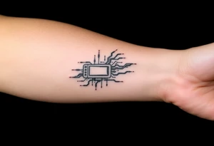 Tattoo for the top side of the forearm, black and gray, flash, hacker computer tech tattoo idea