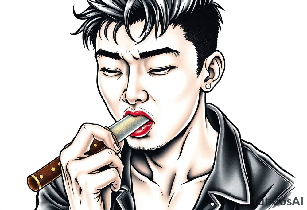 Handsome Asian young guy is licking a ritual knife tattoo idea