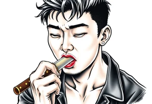 Handsome Asian young guy is licking a ritual knife tattoo idea