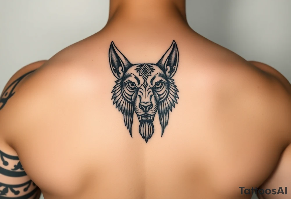 muscle Egyptian Anubis god face in Egypt style dog face tattoo idea