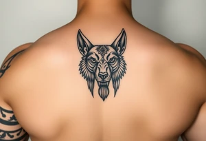 muscle Egyptian Anubis god face in Egypt style dog face tattoo idea