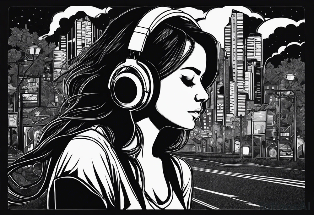 a girl listening to music with over the ear headphones along a dark road at night showing her shadow tattoo idea
