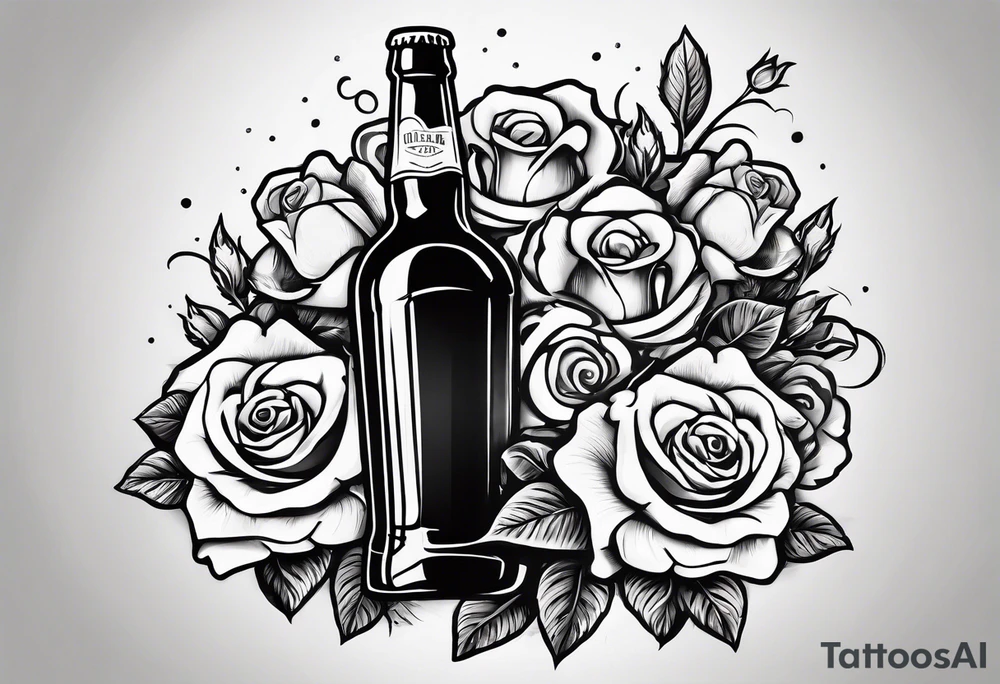 A bottle of beer and a stalk of rose in the bucket tattoo idea