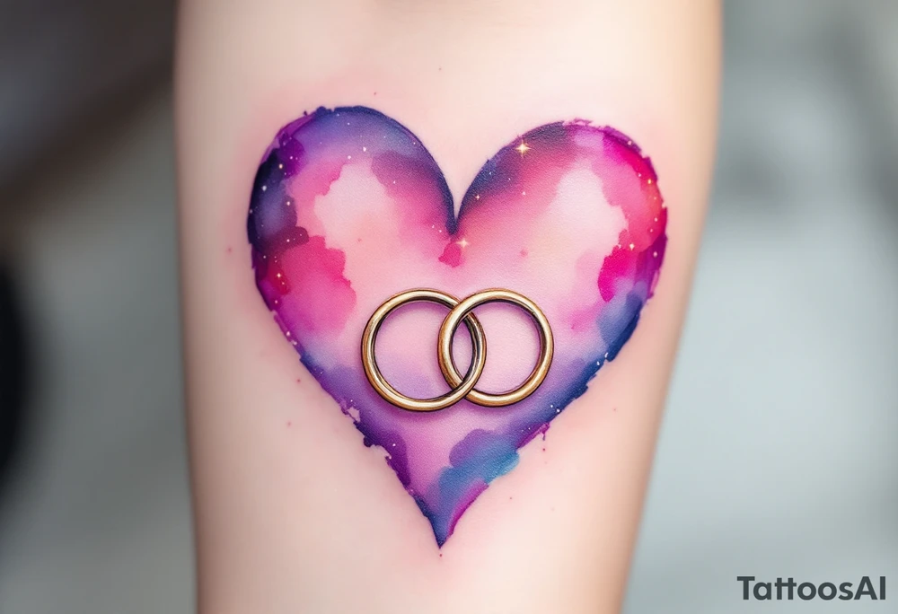 A soft, watercolor heart painted in shades of pink and purple, with two intertwined gold wedding rings placed in the center. Soft pinks, lavender, gold, and touches of light blue for a dreamy vibe. tattoo idea