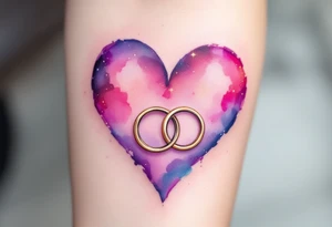 A soft, watercolor heart painted in shades of pink and purple, with two intertwined gold wedding rings placed in the center. Soft pinks, lavender, gold, and touches of light blue for a dreamy vibe. tattoo idea