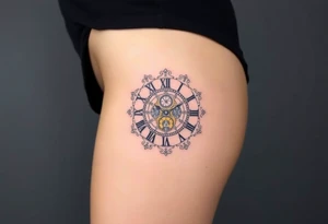 vintage roman numerals within ornate clockwork mechanism tattoo idea