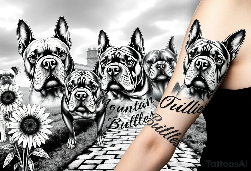 Different American bully portraits in black and white in the background incorporate sunflowers, an old road made from pavers the words Mountain State Bullies tattoo idea