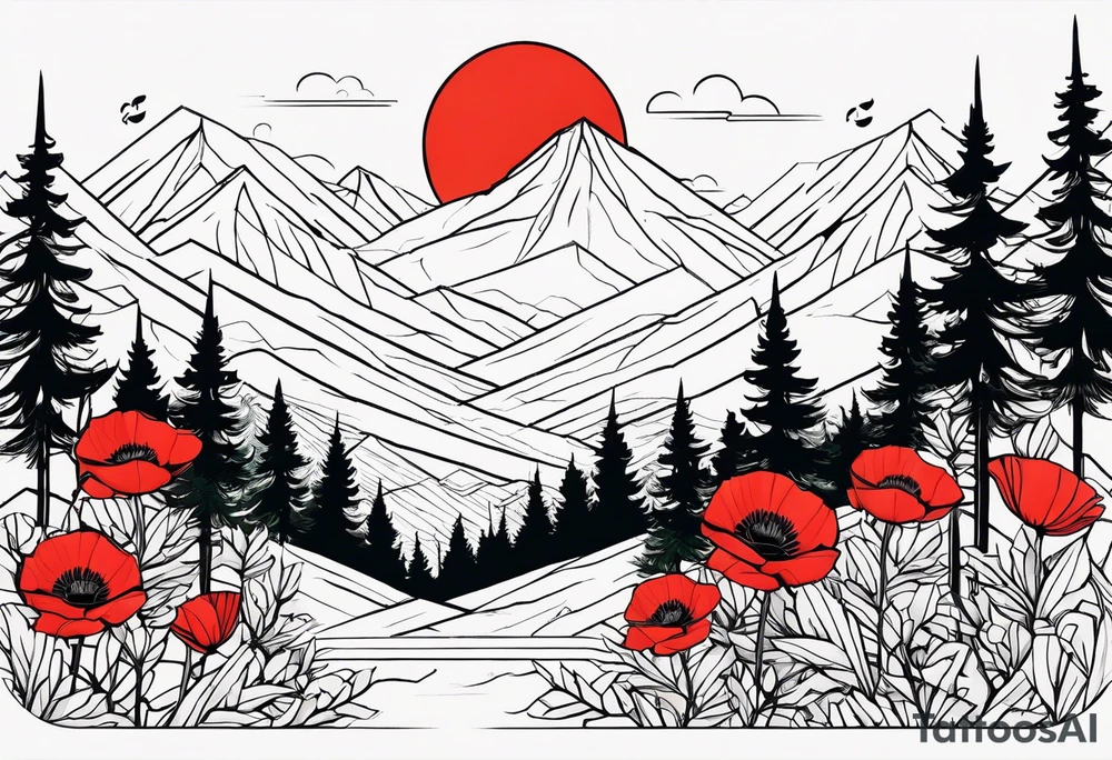 a forest of pine trees with one small poppy in front and the korean word for patience tattoo idea