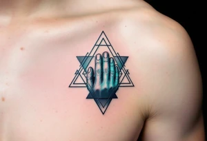 Geometric 19.07.2005 in dark teal ink, with triangles and lines subtly framing the digits. tattoo idea