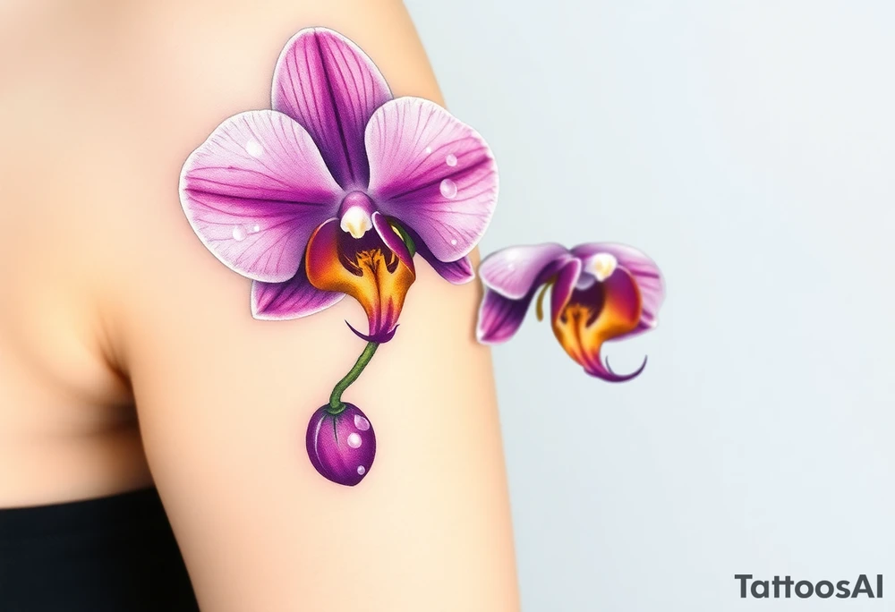 A hyper-realistic purple Phalaenopsis orchid, with dewdrops glistening on the petals, symbolizing beauty and grace tattoo idea