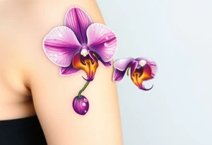A hyper-realistic purple Phalaenopsis orchid, with dewdrops glistening on the petals, symbolizing beauty and grace tattoo idea