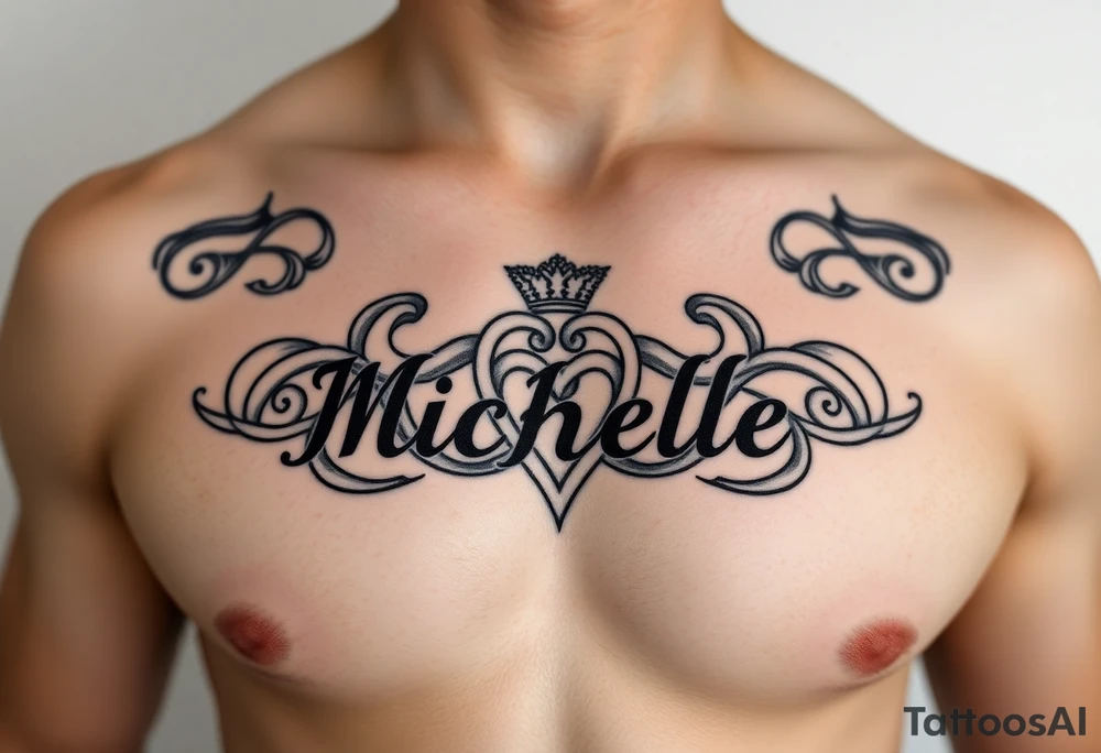 Create a tattoo on a man’s chest of the name Michelle. Celtic claddagh tattoo idea