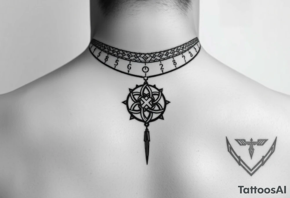 create a asatru norse choker necklace for a neck tattoo on a female with the runes love and protection and self love in it and a nordic knot in the middle tattoo idea