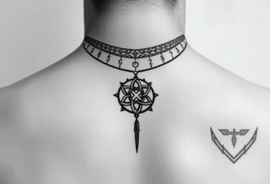 create a asatru norse choker necklace for a neck tattoo on a female with the runes love and protection and self love in it and a nordic knot in the middle tattoo idea