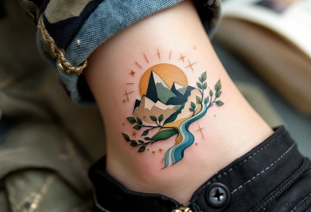 A modern geometric Virgo godess, featuring earth elements like mountains, leaves, and flowing water. The tattoo is crafted in olive green, warm beige, and gold accents, emphasizing Virgo’s deep-rooted connection to nature and wisdom. tattoo idea