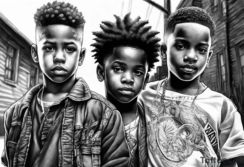 three black school age brothers close in age ahead down a street together full bodies and the side of ones face is visible tattoo idea