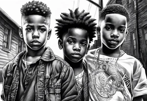 three black school age brothers close in age ahead down a street together full bodies and the side of ones face is visible tattoo idea