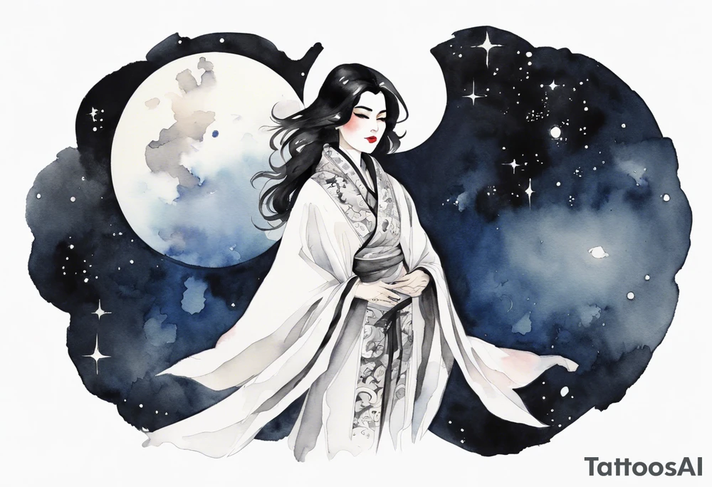 a watercolor of a beautiful 45-year-old Persian woman wearing black and white cloak with the night sky in the background tattoo idea