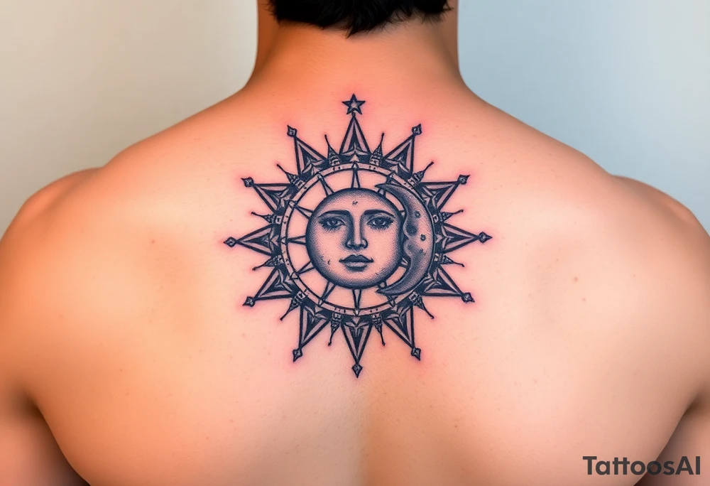 celestial sun and moon embrace with constellation patterns tattoo idea