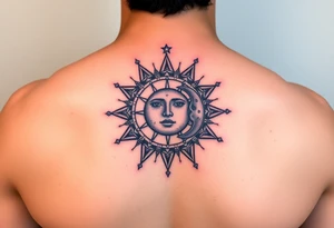 celestial sun and moon embrace with constellation patterns tattoo idea