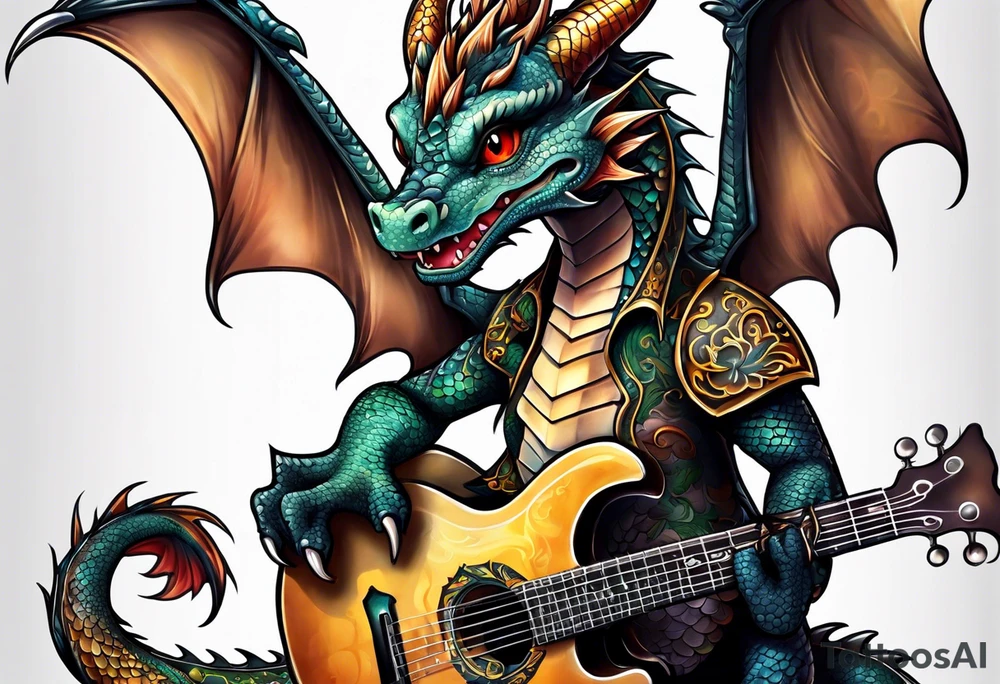 baby dragon with guitar tattoo idea