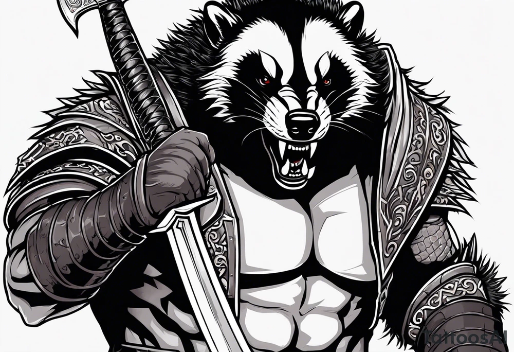 Draw me psychopath Honey Badger/Berserker with aggressive full body, killer face with a scary smile, very long nails and he attacks like a Bloody Assassin/Warrior/Gladiator to us and also, he has very deadly looking. He fights with his nails only. Everybody scares after their first sight. Give me horror type Badger Tattoo. I want to see his Realistic full body with no weapons. You can show destruction at the back. tattoo idea