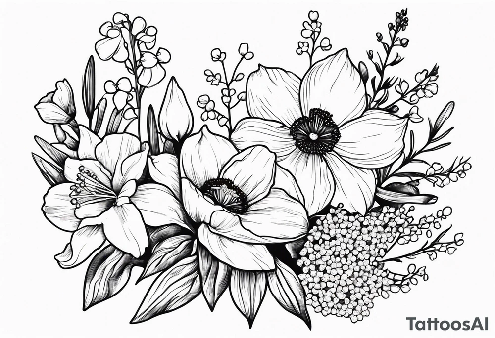 Poppy, larkspur, cosmo, Lily of the valley, daffodil, flower bouquet, portrait style tattoo idea