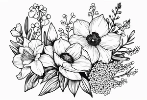 Poppy, larkspur, cosmo, Lily of the valley, daffodil, flower bouquet, portrait style tattoo idea