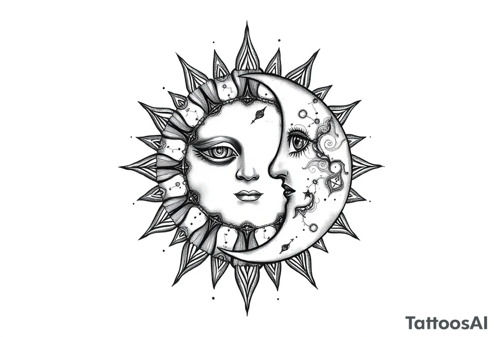 celestial sun and moon embrace with constellation patterns tattoo idea