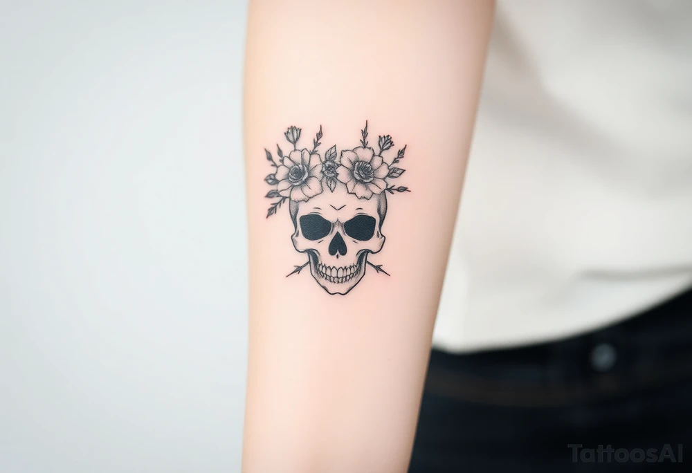 ornate skull adorned with crown of wild roses and thorns tattoo idea