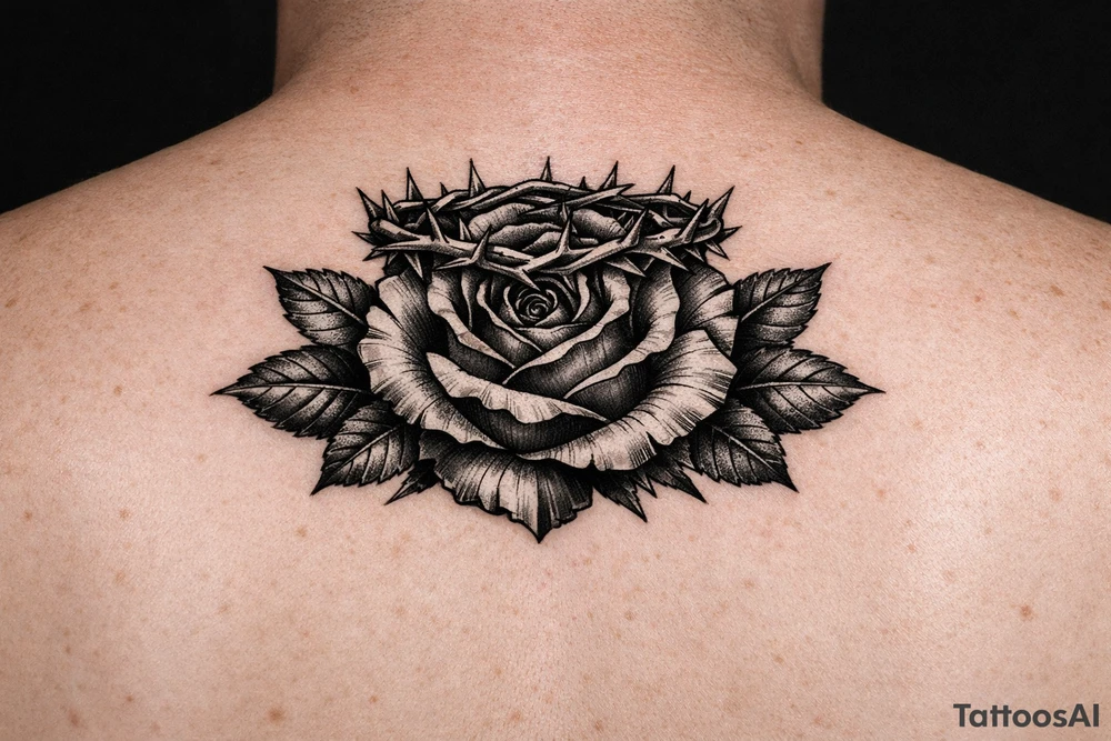 Red rose, no stem, leaves , American traditional style
Put something on top like a crown shaped thorns 
Old school style 
Add leaves tattoo idea